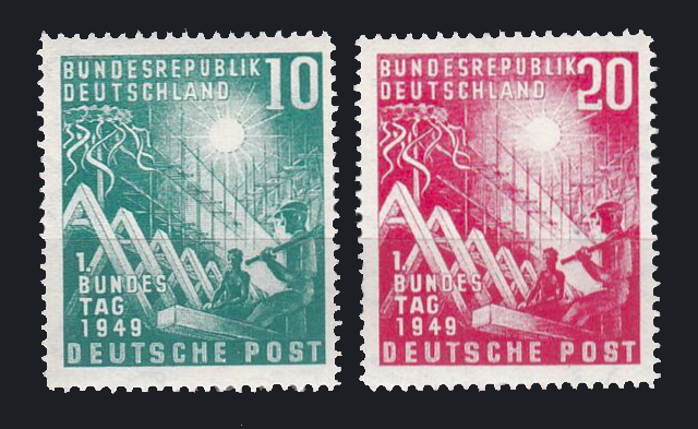 Die erste Briefmarke der Deutschen Bundespost erscheint am 7. September 1949. Das Thema der Marke lautet: 1. Bundestag 1949