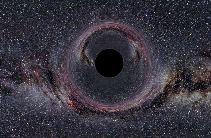 Schwarzes Loch von 10 Sonnenmassen vor dem Milchstraßenhintergrund aus 600 km Abstand gesehen (horizontaler Öffnungswinkel der Kamera: 90°). Erstellt wurde es von  Ute Kraus, für ihr Buch Physikdidaktik. Frau Kraus ist an der Universität Hildesheim tätig.