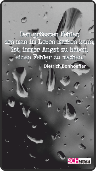 Hingehört/Hingesehen

Dietrich Bonhoeffer-Zitat: Den grössten Fehler, den man im Leben machen kann, ist, immer Angst zu haben, einen Fehler zu machen.