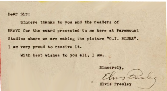 Elvis Presley bedankt sich bei den BRAVO-Lersern für den Bronzenen Otto 1960